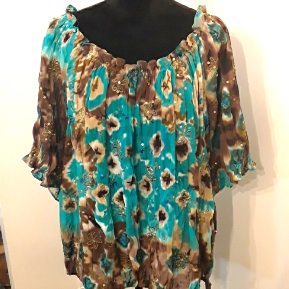 Sheer Blue and Brown Short Sleeve Top 22 w/ Gold Sequins